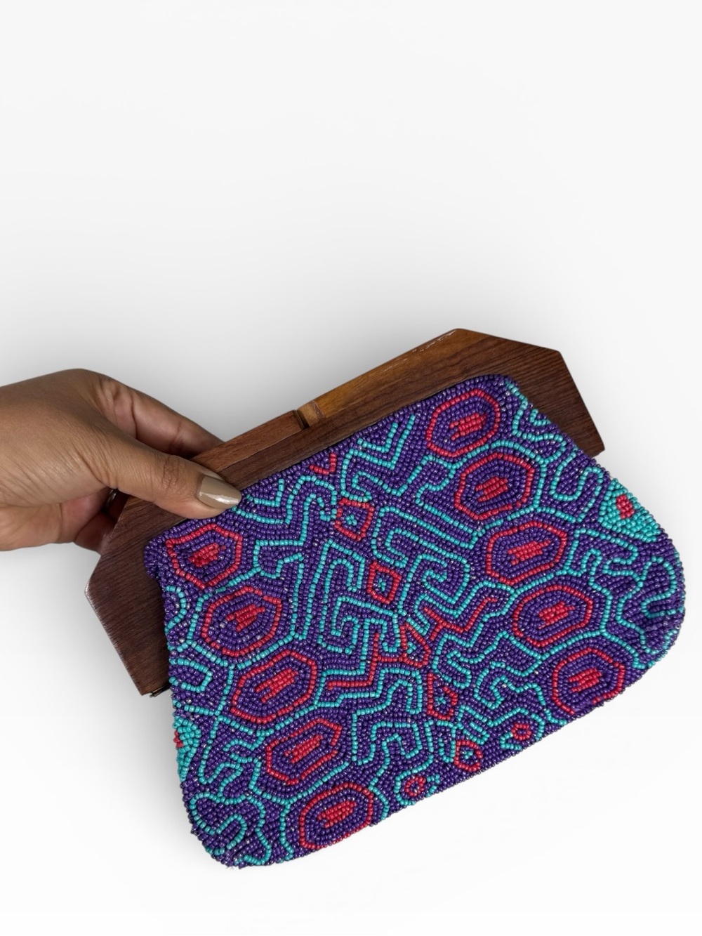 EXPRESS Beaded Clutch Wood Frame Evening Bag Multicolor Boho Geometric